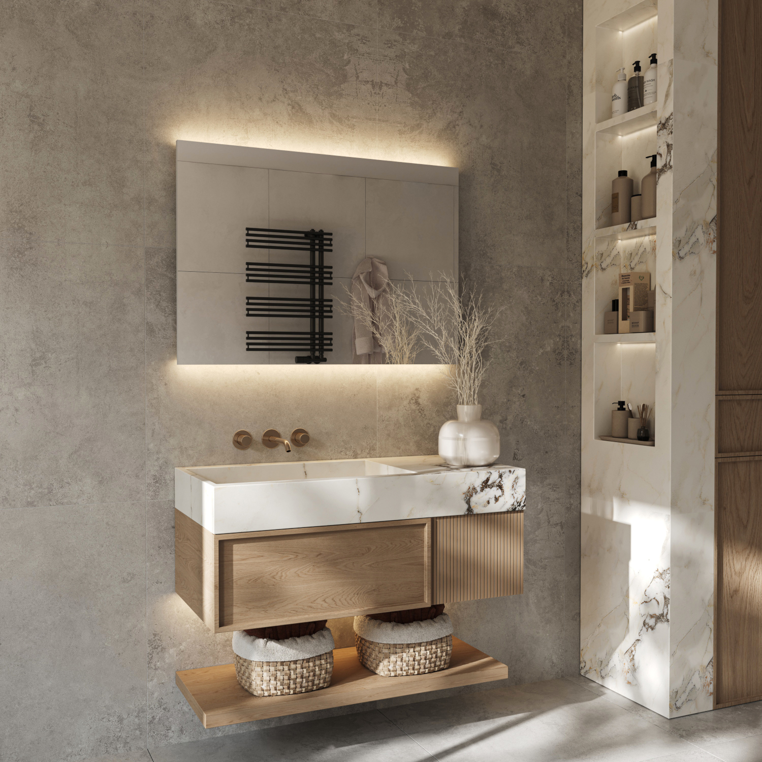 Bij deze stijlvolle badkamer spiegel schijnt de verlichting vanachter de spiegel fraai en sfeervol over de wand
