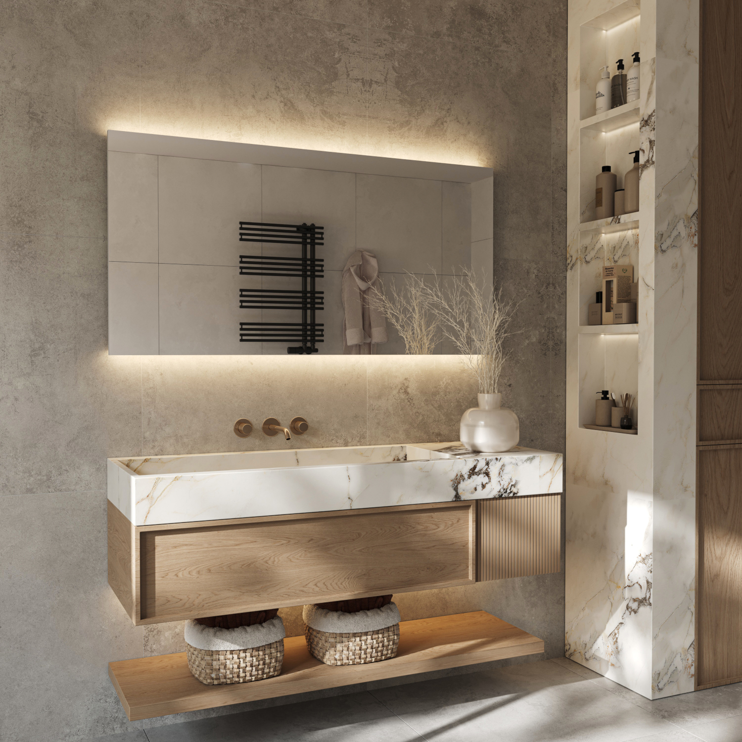 Bij deze stijlvolle badkamer spiegel schijnt de verlichting vanachter de spiegel fraai en sfeervol over de wand
