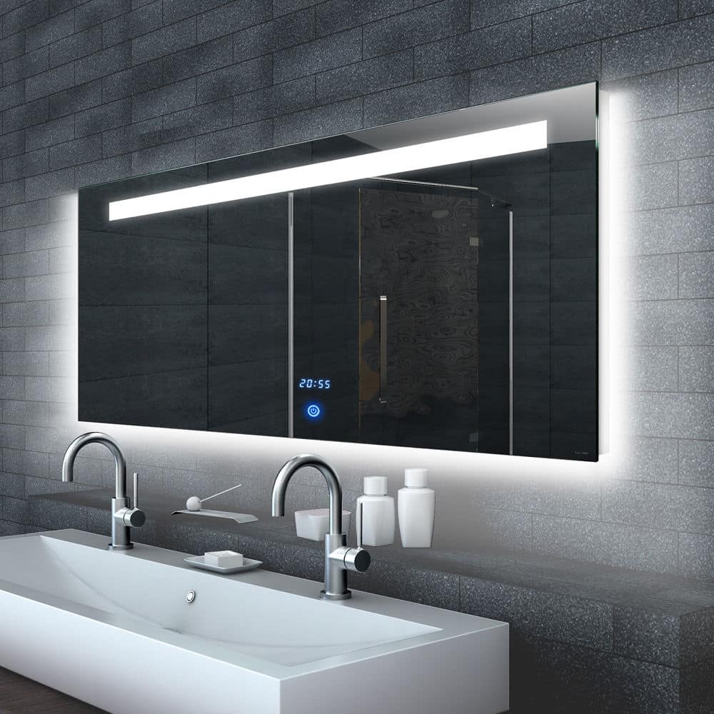 Badkamerspiegel met LED verlichting, klok en touch schakelaar 120x65 cm Designspiegels