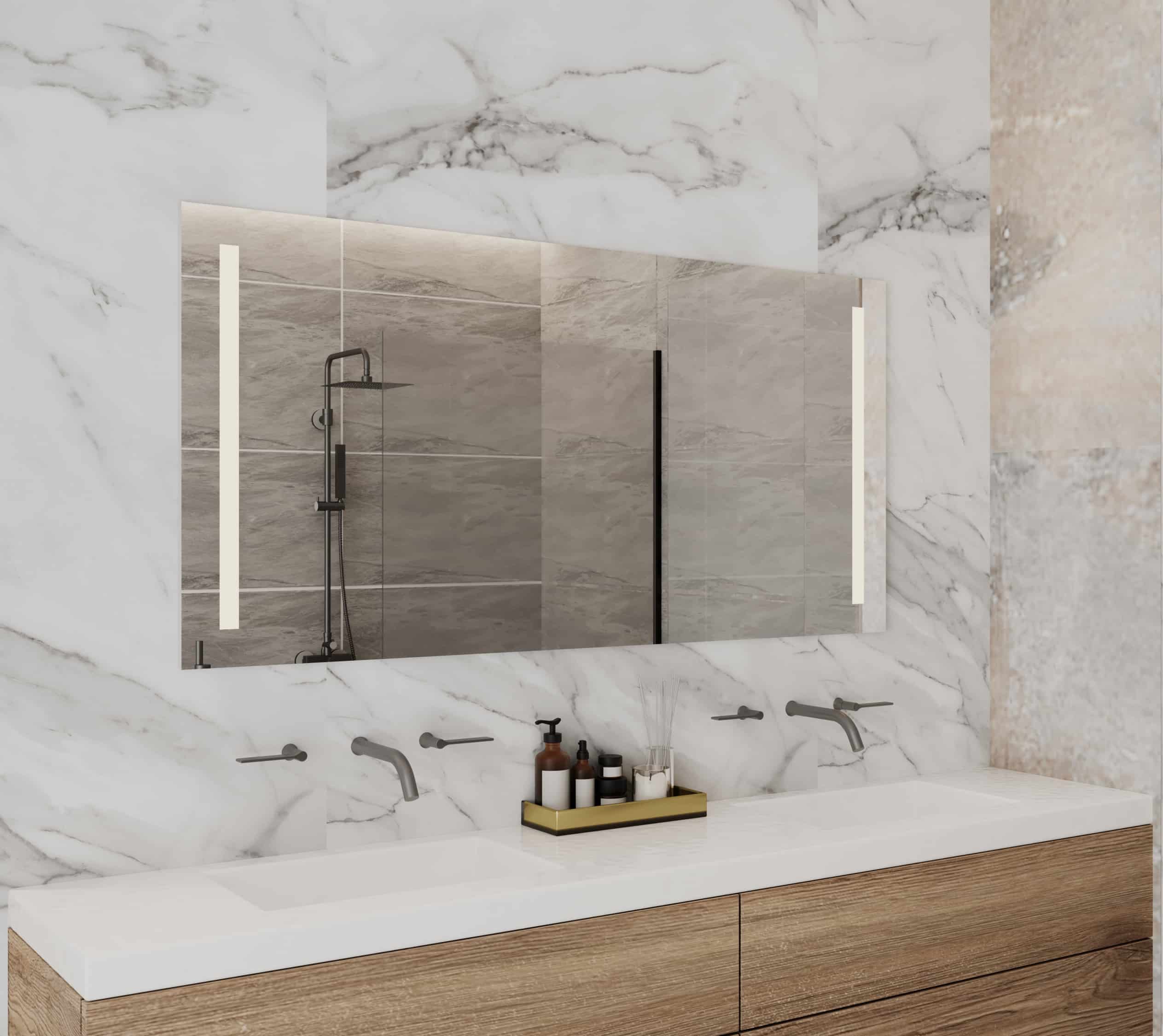 Deze badkamer spiegel is 120 cm breed, 60 cm hoog en slechts 3 cm breed