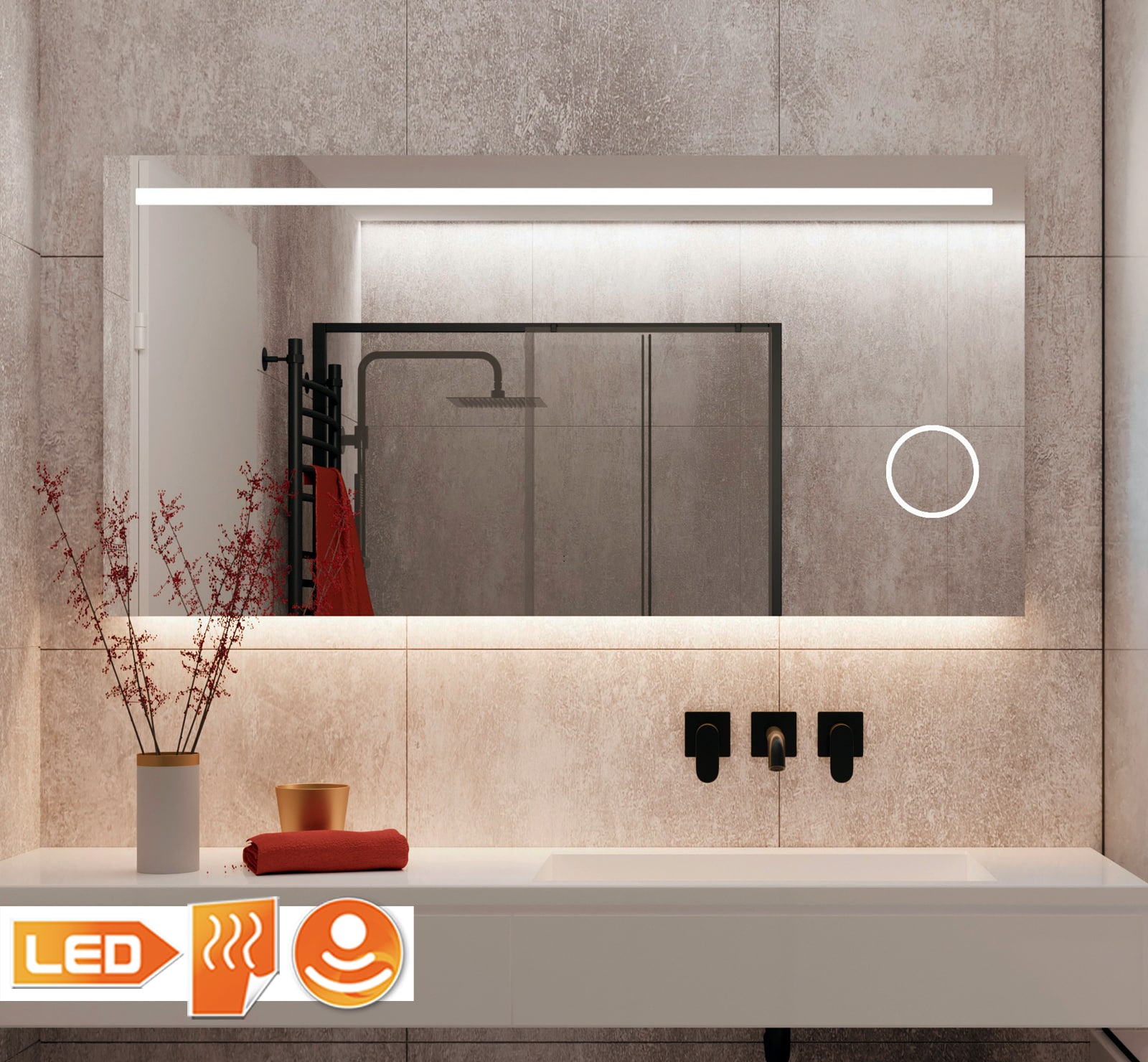 Fraaie badkamer LED spiegel met vergrootspiegel en spiegelverwarming