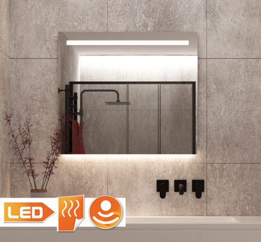 Vierkante badkamerspiegel met led verlichting en verwarming op grijze tegel