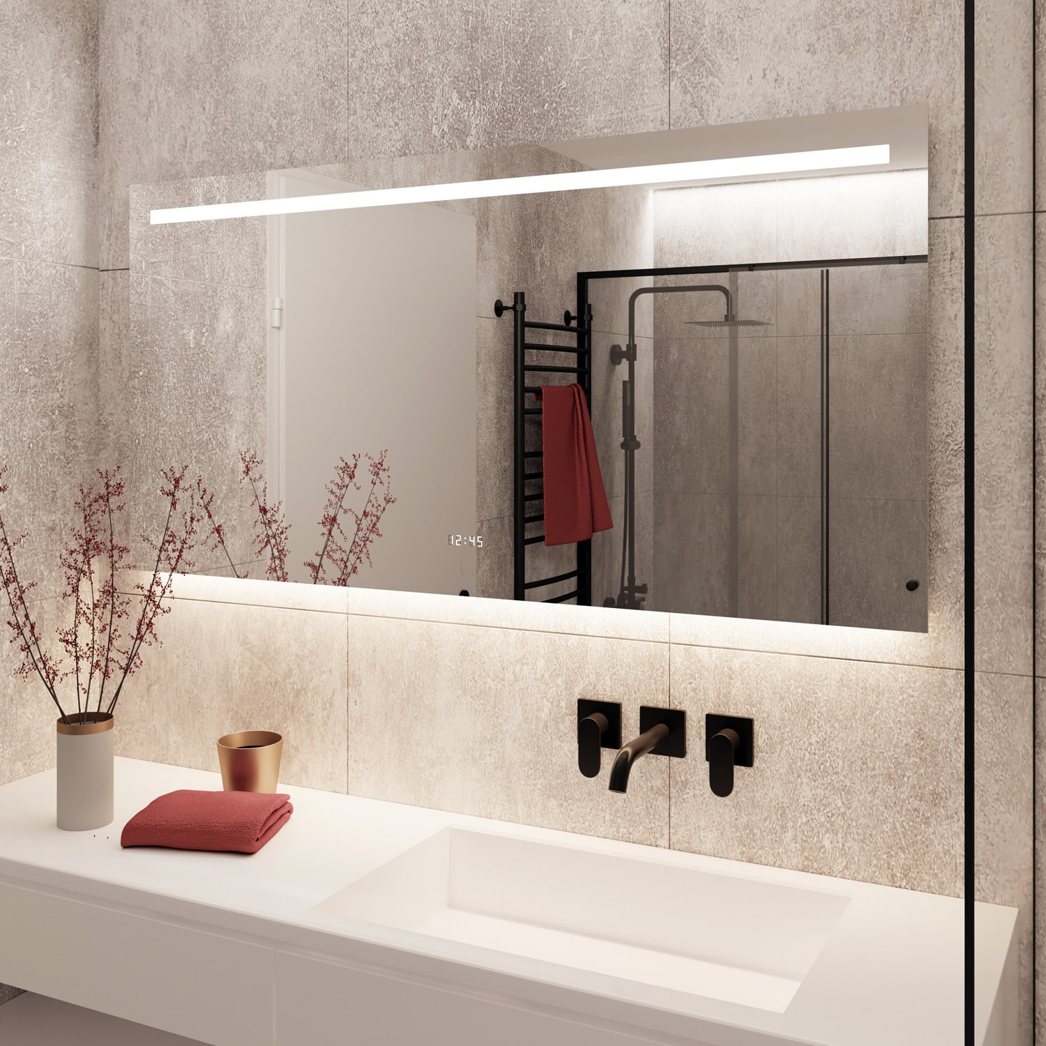 Badkamerspiegel met LED verlichting, verwarming, klok, sensor en dimfunctie 140x70 cm