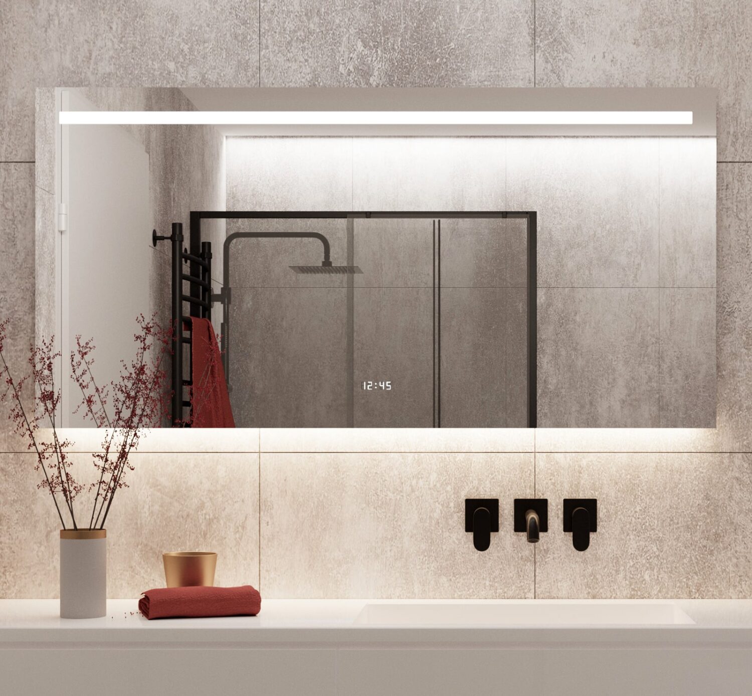Luxe design spiegel met verlichting, spiegelverwarming, digitale klok en sensor met handige dimfunctie.