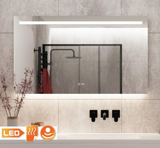 Fraaie design badkamer spiegel met vele opties, zoals verlichting, verwarming, digitale klok en sensor met dimfunctie