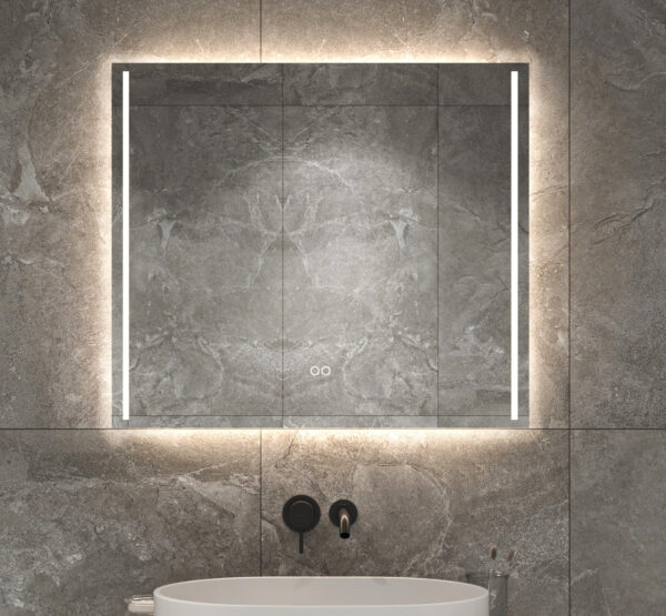 Fraaie badkamerspiegel met verlichting, spiegelverwarming en dubbele touch knop voor oa het instellen van de lichtkleur en het activeren van de dimfunctie