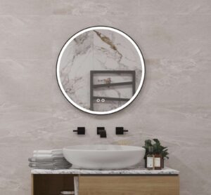 Stijlvolle 60 cm ronde spiegel met verlichting, verwarming en mat zwart frame