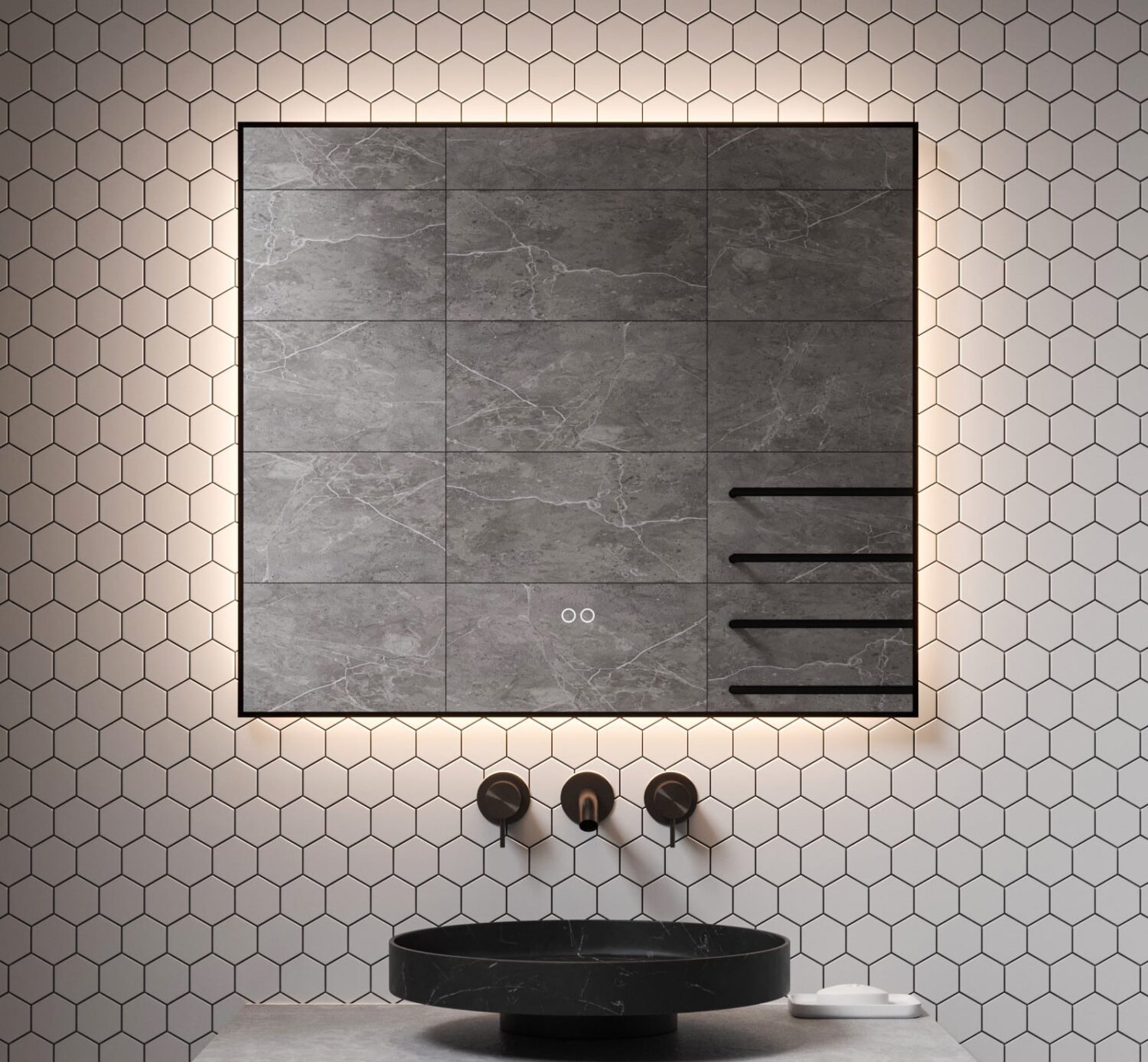 Luxe badkamer spiegel met mat zwart frame en instelbare lichtkleur