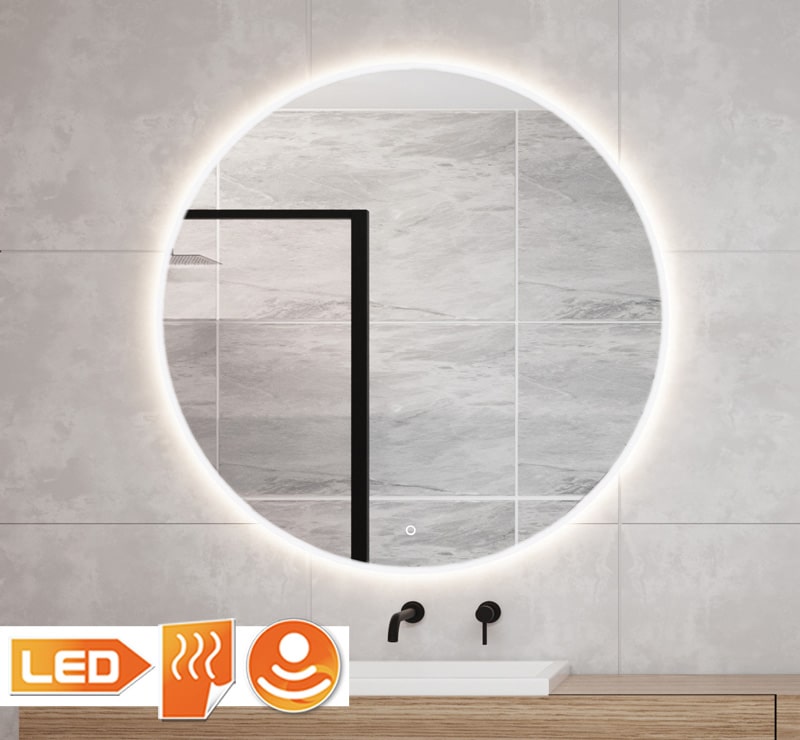 Hallo Scorch omringen Ronde badkamerspiegel met LED verlichting, verwarming, touch sensor en dimfunctie 120x120 cm - Designspiegels Hallo Scorch omringen Ronde badkamerspiegel met LED verlichting, verwarming, touch sensor en dimfunctie 120x120 cm - Designspiegels