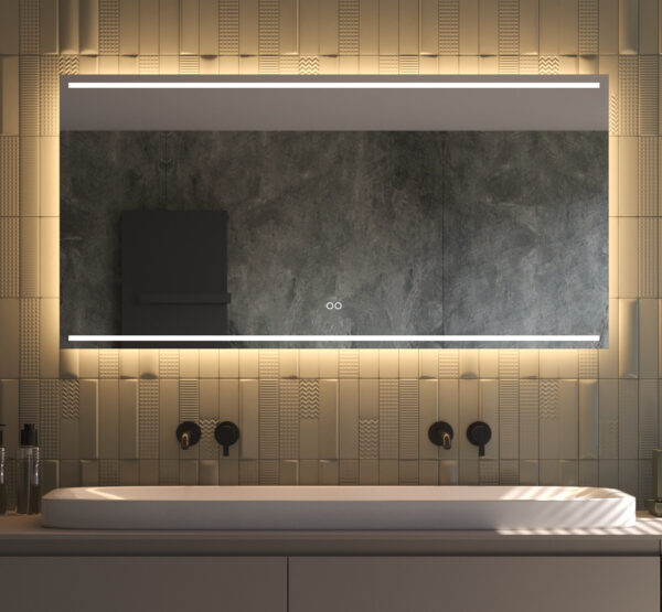 Deze stijlvolle spiegel voor in de badkamer is van alle gemakken voorzien, zoals: geïntegreerde verlichting en verwarming, dimfunctie, instelbare lichtkleur en dubbele touch bediening