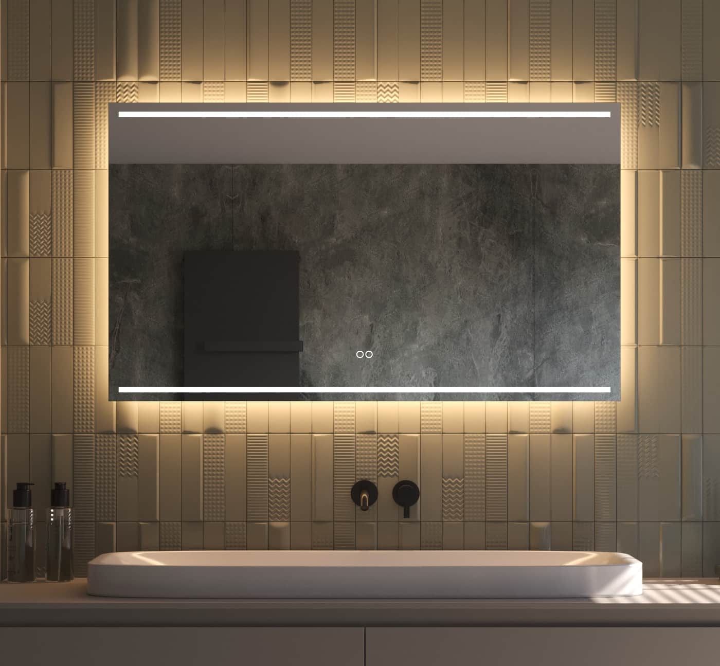 Deze stijlvolle 120 cm brede spiegel voor in de badkamer is van alle gemakken voorzien, zoals: geïntegreerde verlichting en verwarming, dimfunctie, instelbare lichtkleur en dubbele touch bediening