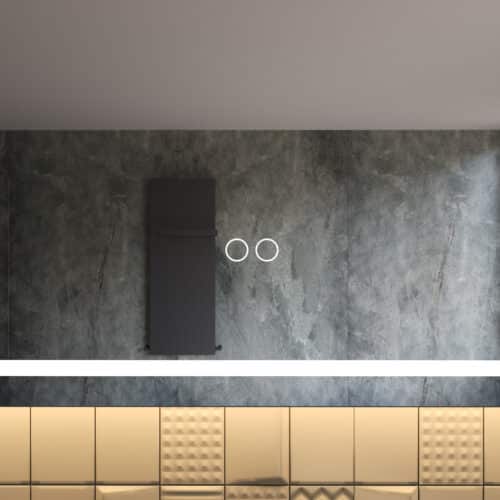 Uitgevoerd met een dubbele touch schakelaar in het spiegelglas; linker touch knop voor het gelijktijdig in- en uitschakelen van de verlichting en de verwarming, inclusief geïntegreerde dimfunctie voor de verlichting, rechter touch knop om traploos de gewenste kleur van de verlichting in te stellen
