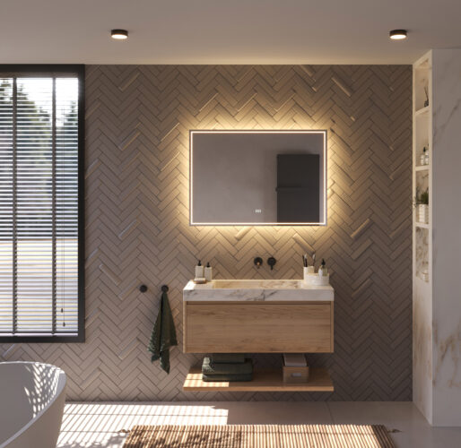 Deze fraaie badkamer spiegel met directe en indirecte verlichting is 100 cm breed, 70 cm hoog en slechts 3 cm diep