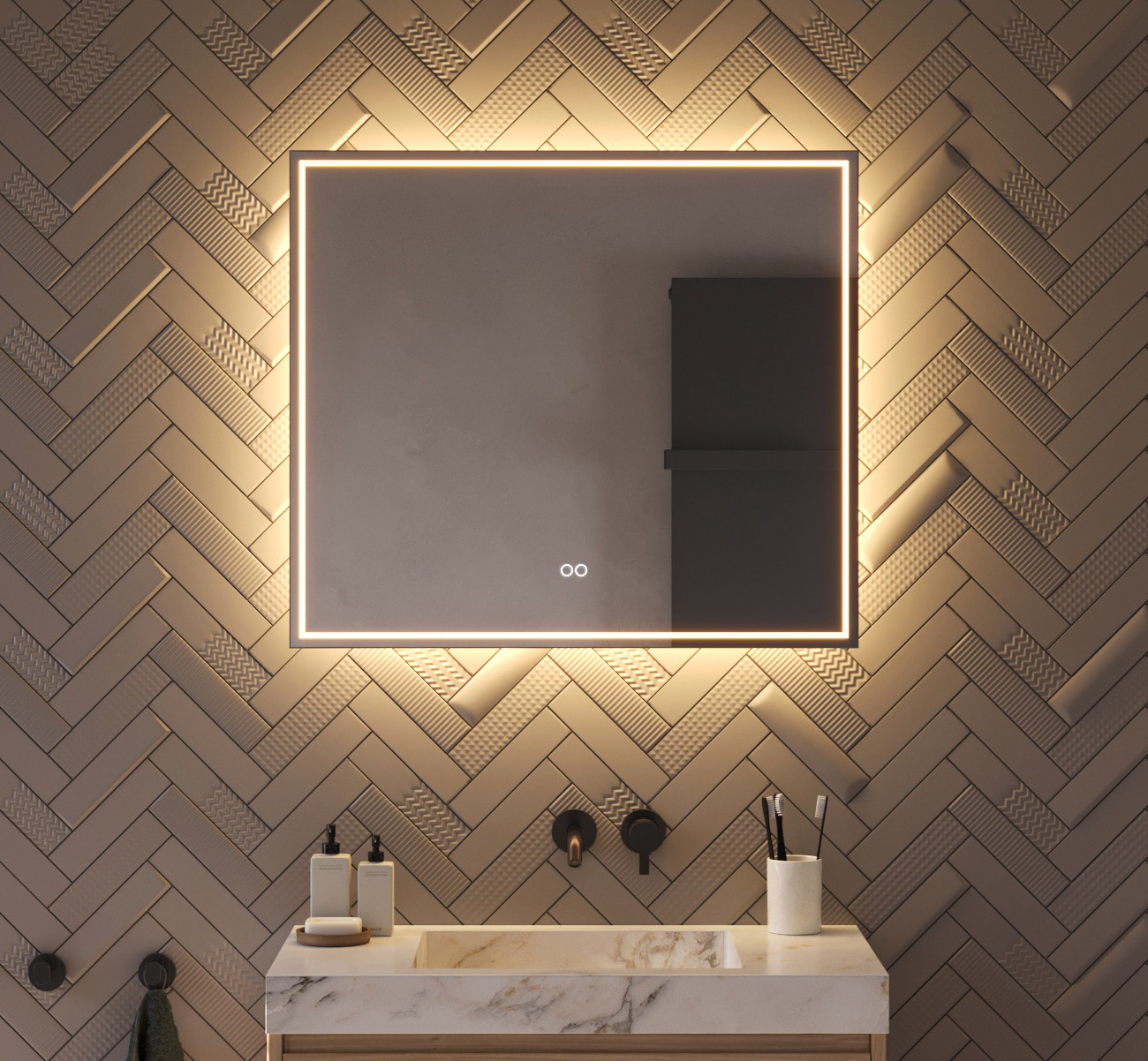 Deze populaire, rechthoekige badkamer spiegel is van alle gemakken voorzien, zoals: verlichting, spiegelverwarming, dimfunctie en een instelbare lichtkleur