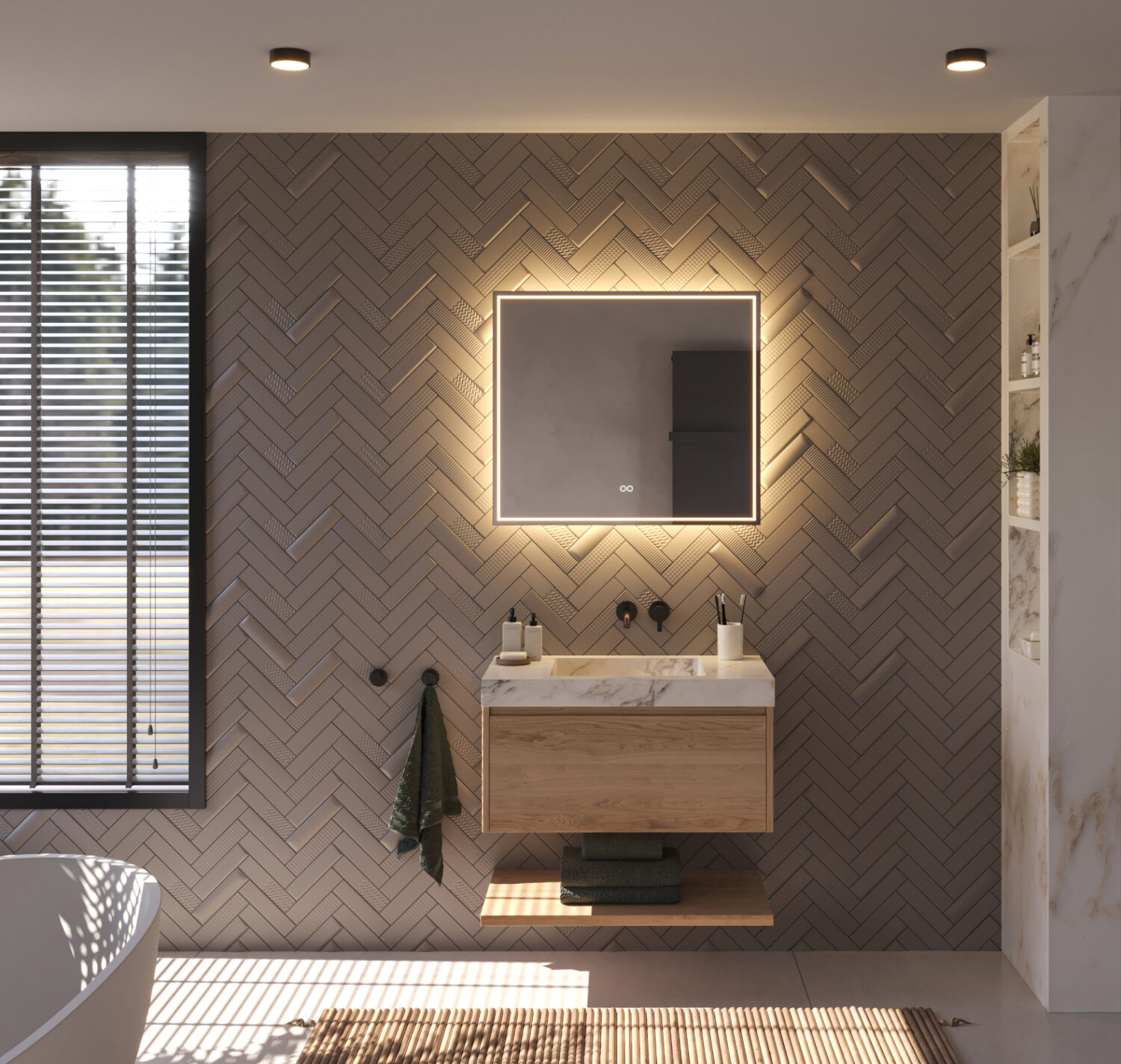 Deze fraaie badkamer spiegel met directe en indirecte verlichting is 80 cm breed, 70 cm hoog en slechts 3 cm diep