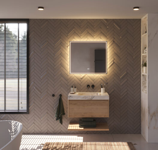 Deze fraaie badkamer spiegel met directe en indirecte verlichting is 80 cm breed, 70 cm hoog en slechts 3 cm diep