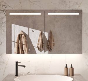 Populair model spiegelkast, uitgevoerd met verlichting, spiegelverwarming en 2 geaarde stopcontacten. Kortom, een echte eyecatcher!