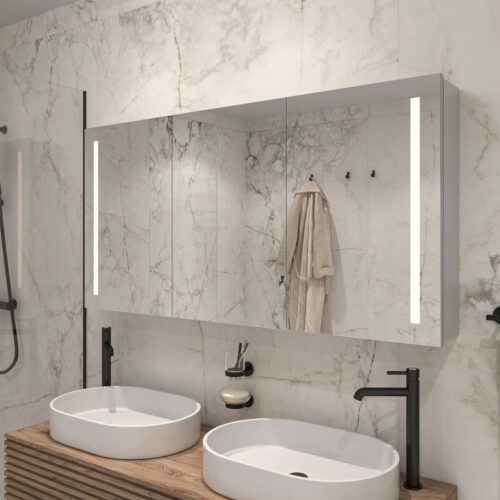 Bij deze aluminium spiegelkast is zowel de verlichting als de verwarming volledig in de deuren geïntegreerd