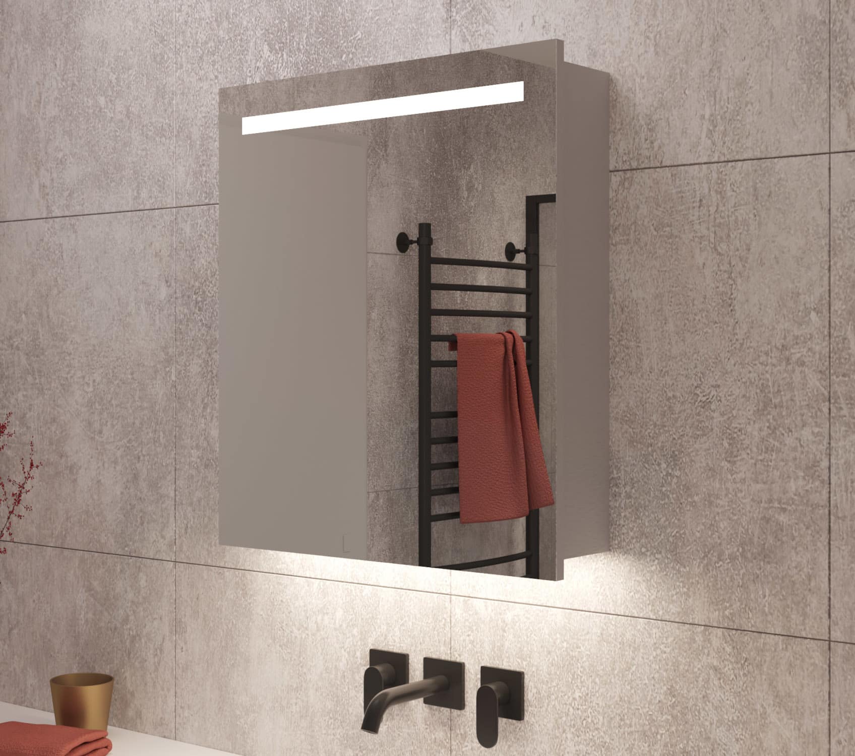 Deze aluminium badkamerspiegelkast is voorzien van verlichting en spiegelverwarming in beide deuren, handig!