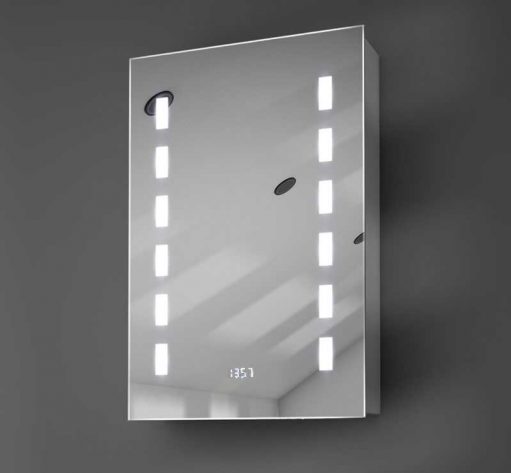 DICTAC Spiegelkast voor badkamer met verlichting en stopcontact, 80 x 13,5 x 60 cm, metaal, badkamerspiegelkast met ledverlichting, dubbele deur, hangkast, badkamerkast met spiegel en instelbare