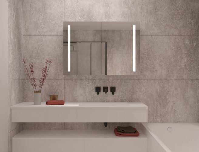 De praktische verlichting schijnt door de verticaal geplaatste lichtbalken. Ideaal bij het scheren of make-uppen!