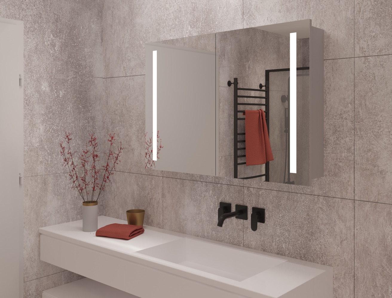 Deze aluminium spiegelkast is 100 cm breed, 70 cm hoog en 14 cm diep