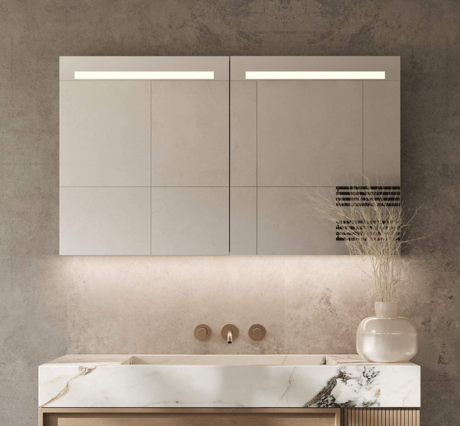 Luxe aluminium badkamer spiegelkast, voorzien van verlichting, spiegelverwarming, 2 stopcontacten met USB en een geïntegreerde make-up spiegel