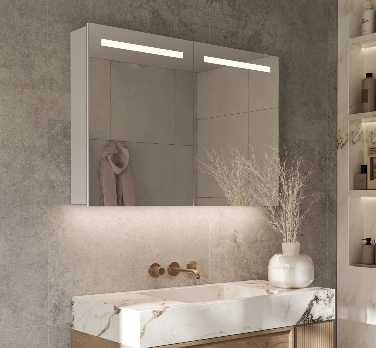 Onregelmatigheden In het algemeen Discrepantie Aluminium badkamer spiegelkast met LED verlichting boven en onder,  spiegelverwarming, stopcontact inclusief USB, make-up spiegel en sensor  schakelaar 100x70 cm - Designspiegels