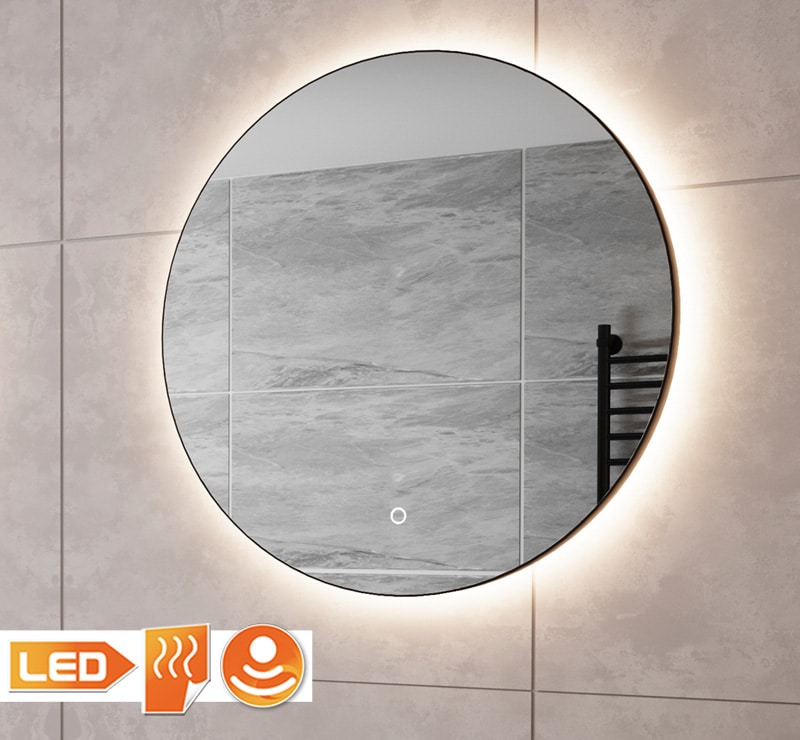 Trendy ronde zwarte badkamerspiegel met verlichting en spiegelverwarming