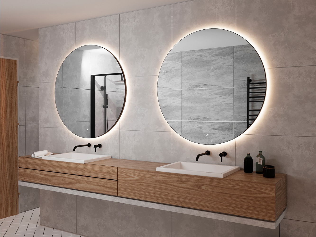 Bij een breed badmeubel is het stijlvol om 2 ronde spiegels naast elkaar te plaatsen!
