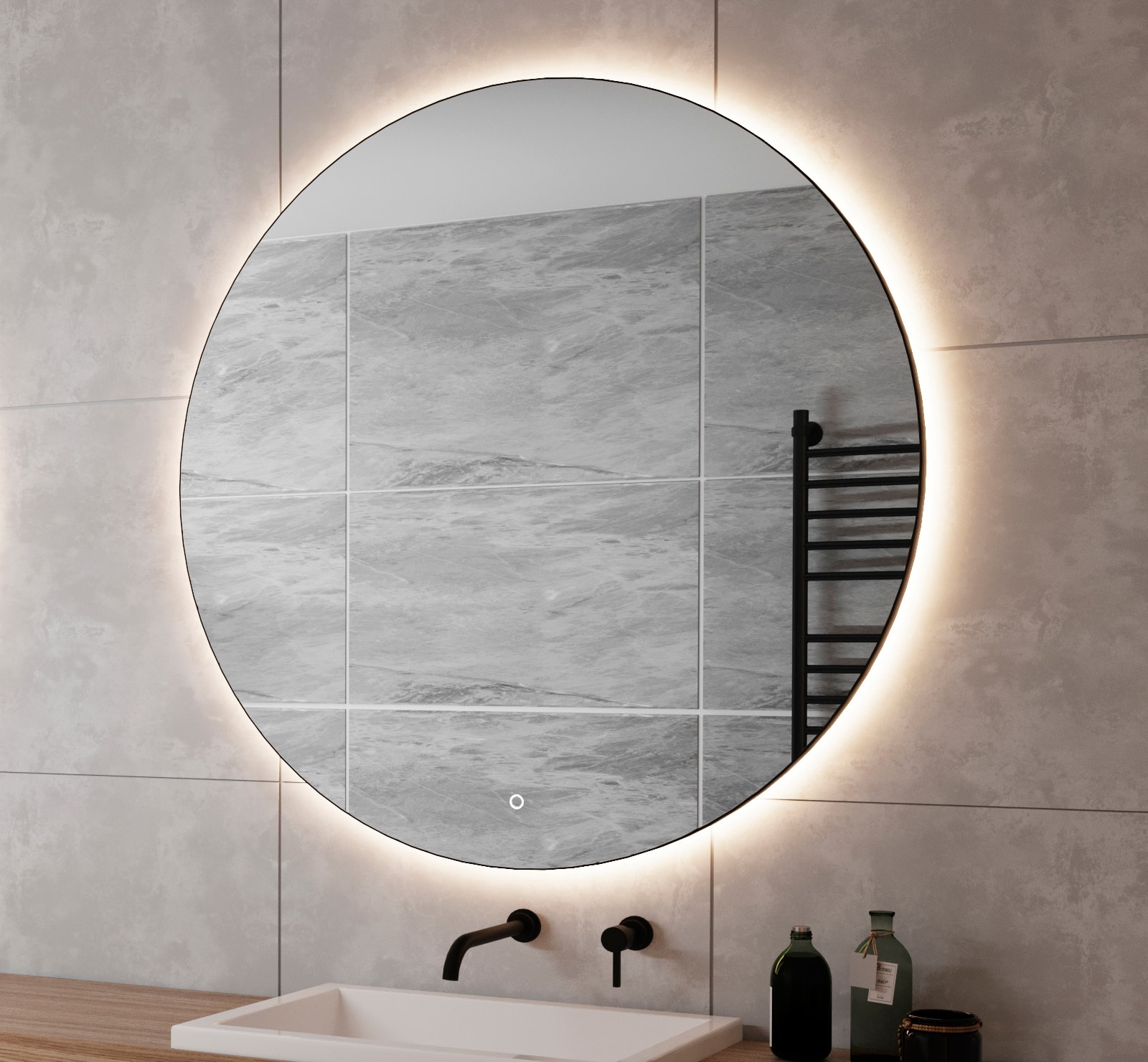 Ronde badkamerspiegel met indirecte verlichting, verwarming, touch sensor, dimfunctie en zwart frame 120x120 cm - Designspiegels