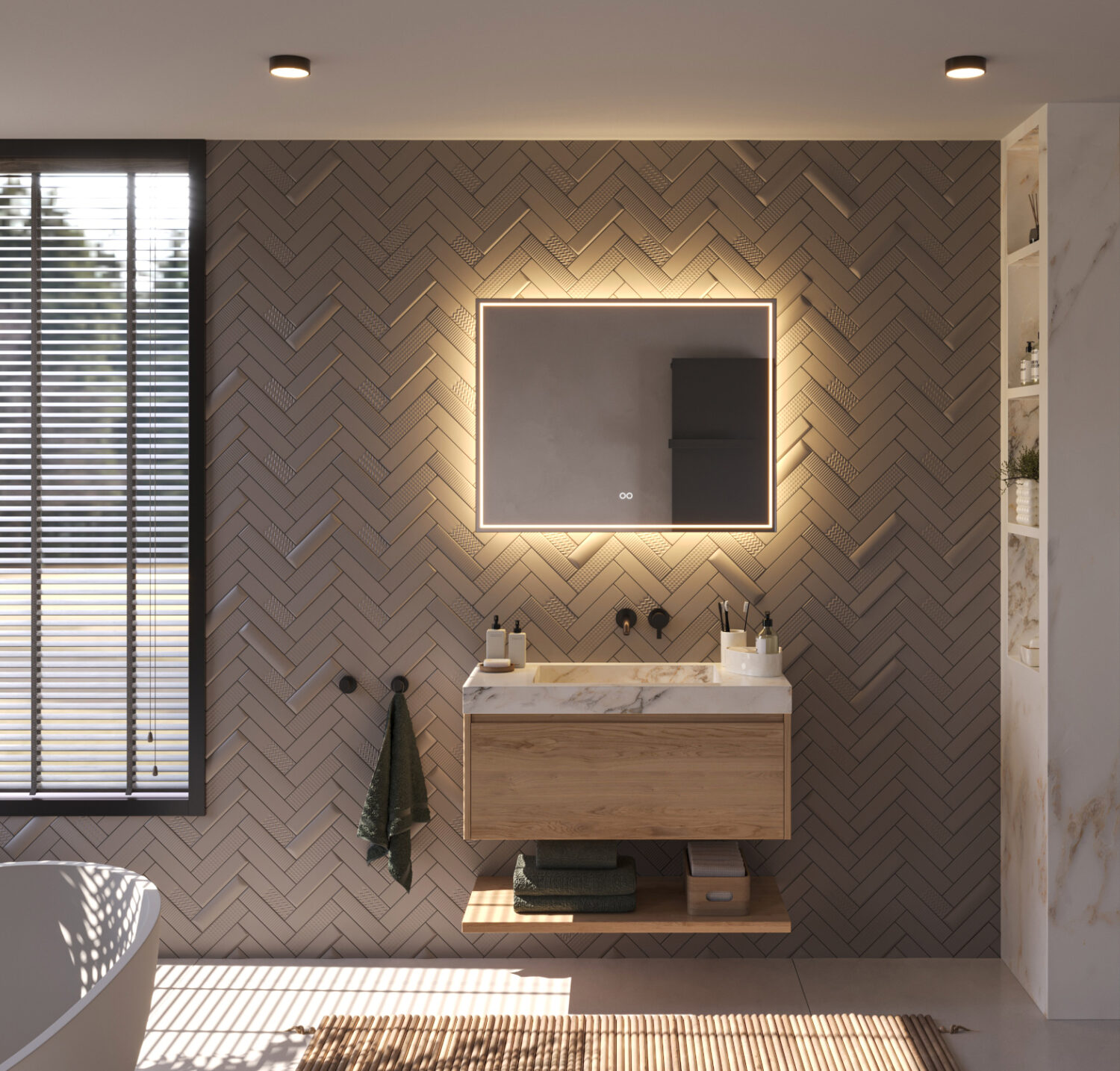 Deze fraaie badkamer spiegel met directe en indirecte verlichting is 90 cm breed, 70 cm hoog en slechts 3 cm diep