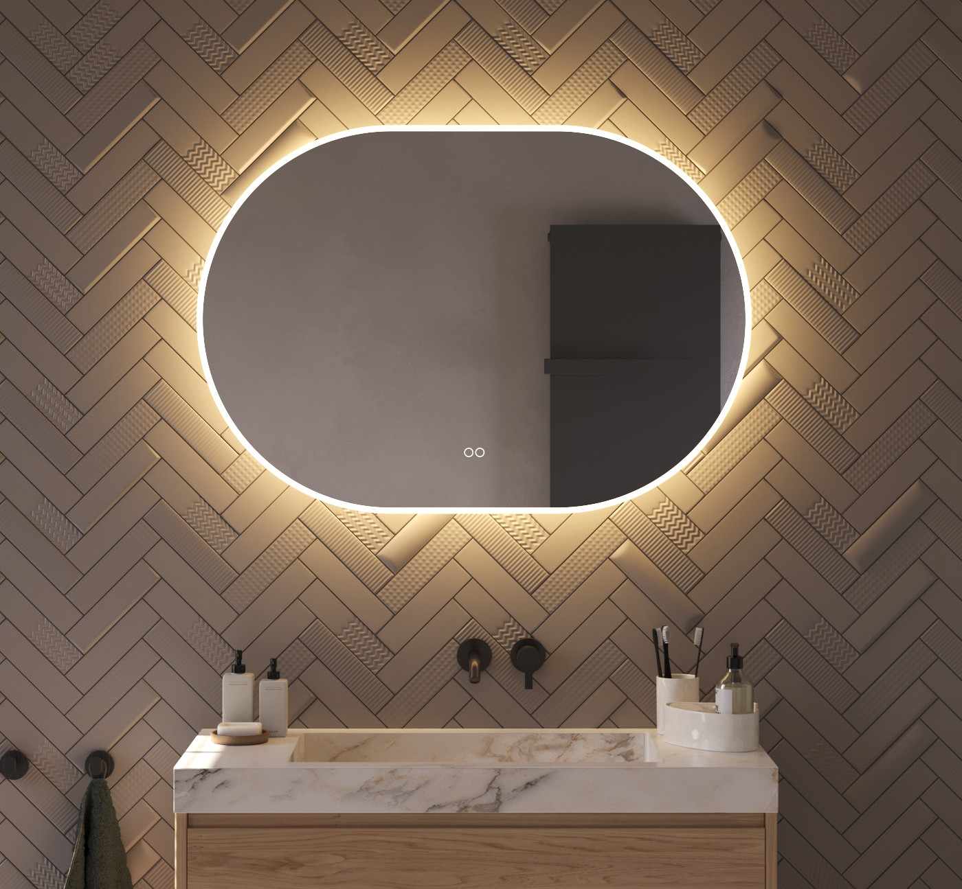 Deze trendy 100 cm brede ovale spiegel voor in de badkamer is van alle gemakken voorzien, zoals: geïntegreerde verlichting en verwarming, dimfunctie, instelbare lichtkleur en dubbele touch bediening