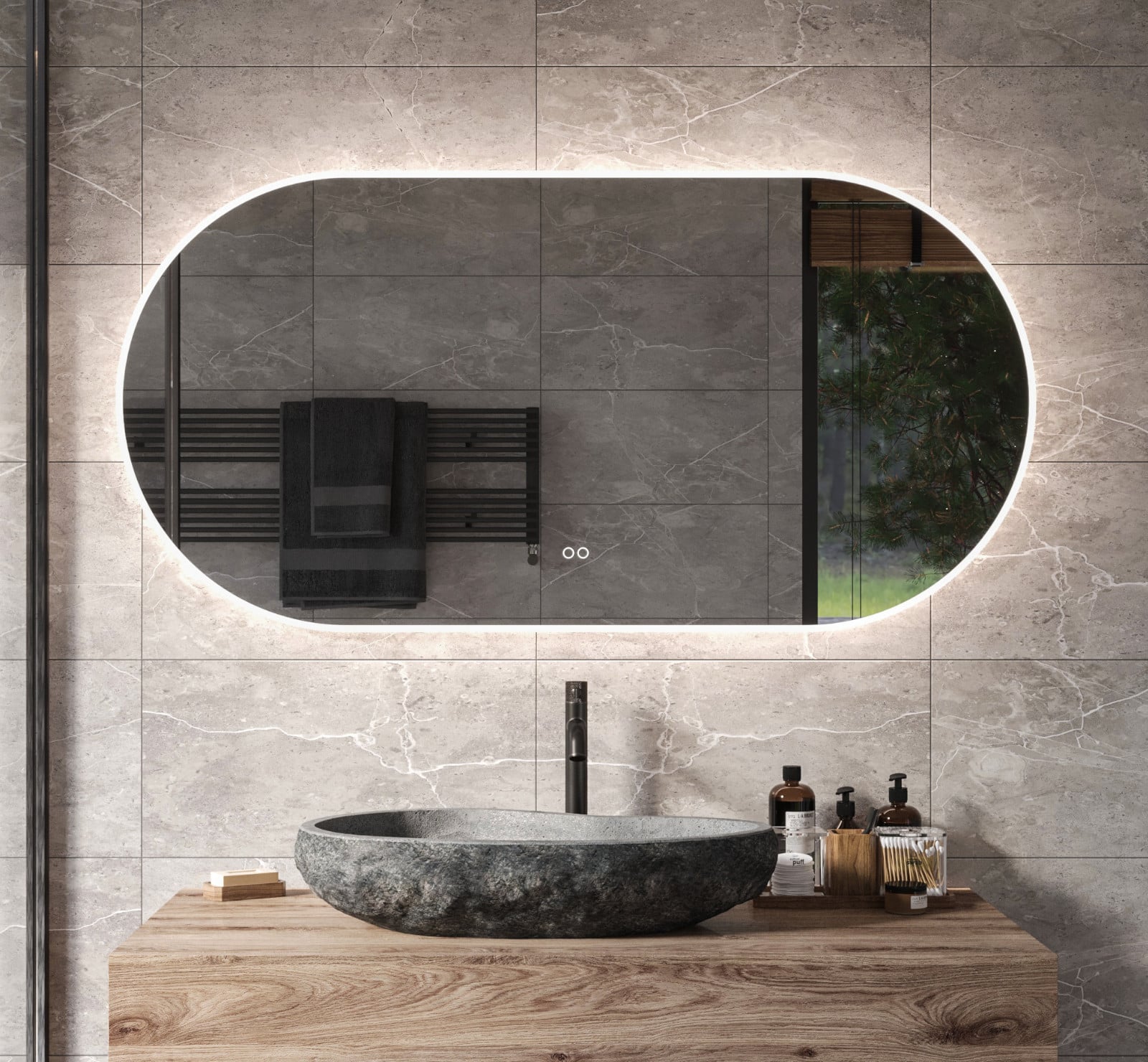 Ovale badkamerspiegel met directe en indirecte verlichting, verwarming, instelbare lichtkleur en