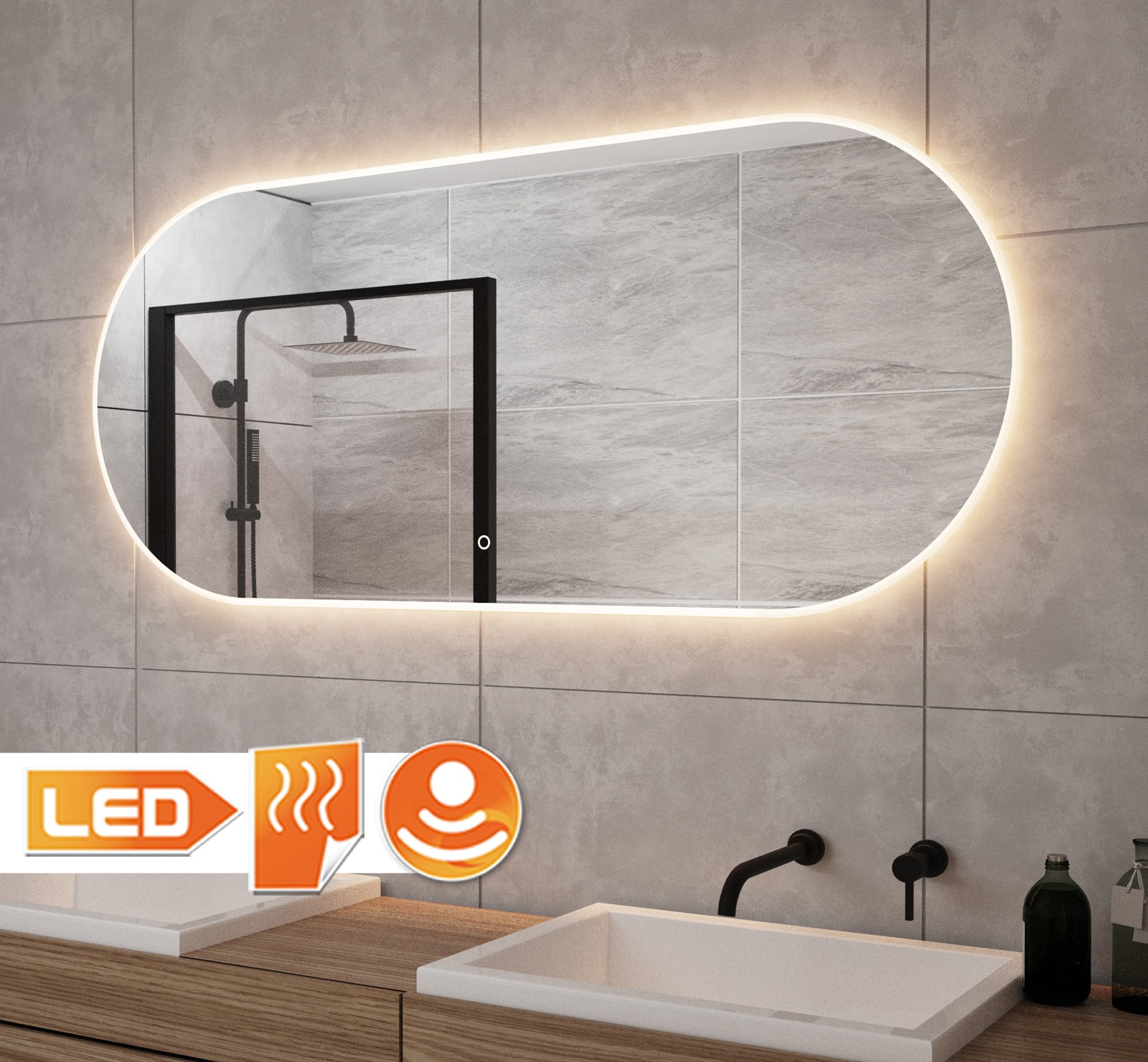 Ovalen badkamerspiegel met LED verlichting, verwarming, sensor en dimfunctie 120x60 cm - Designspiegels