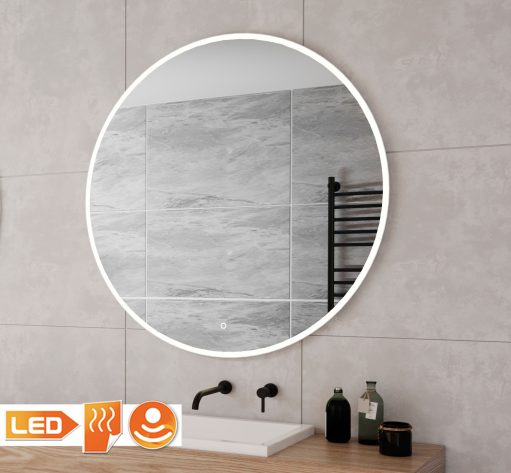 Witte ronde badkamer spiegel grijze tegel met led verlichting en verwarming