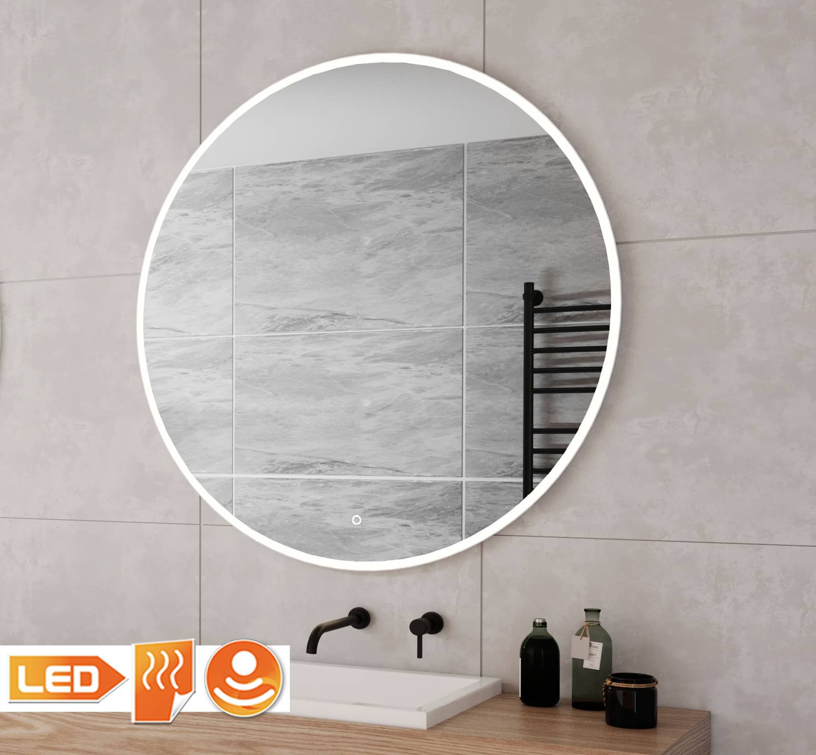 Uitstekend uitzetten roltrap Ronde badkamerspiegel met LED verlichting, verwarming, touch sensor, dimfunctie en wit frame 60x60 cm - Designspiegels Uitstekend uitzetten roltrap Ronde badkamerspiegel met LED verlichting, verwarming, touch sensor, dimfunctie en wit frame 60x60 cm - Designspiegels