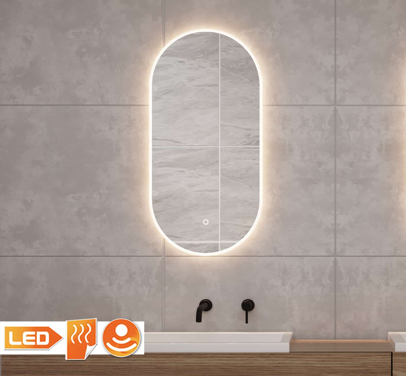 Artefact dinsdag Ondergeschikt Ovalen badkamerspiegel met LED verlichting, verwarming, touch sensor en  dimfunctie 40x80 cm - Designspiegels