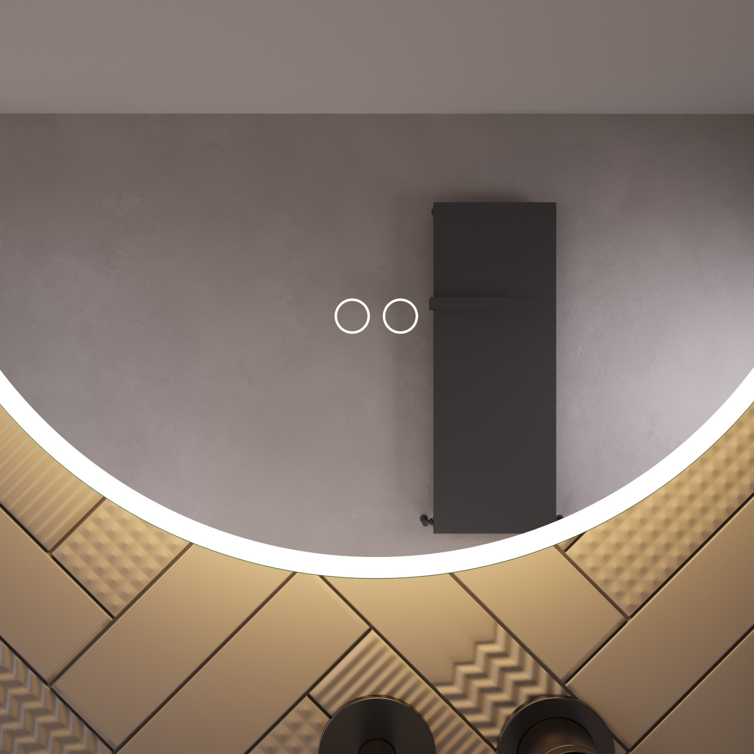Uitgevoerd met een dubbele touch schakelaar in het spiegelglas; linker touch knop voor het gelijktijdig in- en uitschakelen van de verlichting en de verwarming, inclusief geïntegreerde dimfunctie voor de verlichting, rechter touch knop om traploos de gewenste kleur van de verlichting in te stellen