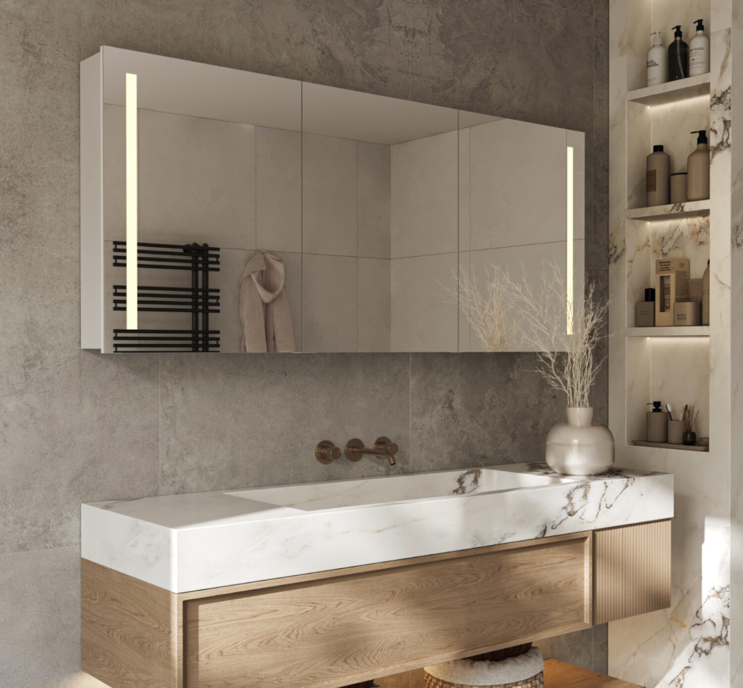 Deze 160x70 cm badkamer spiegelkast is volledig opgebouwd uit aluminium delen en heeft daarmee een degelijke, luxe uitstraling
