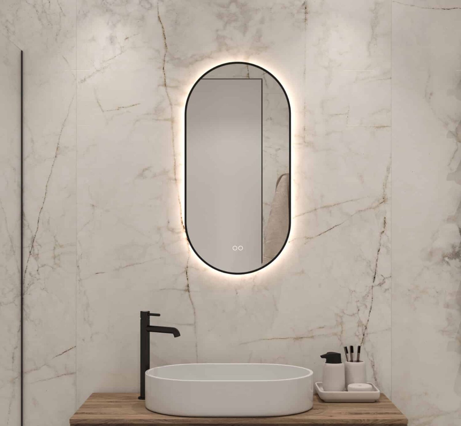 spoor site Scheiden Ovale badkamerspiegel met LED verlichting, verwarming, touch sensor,  kleurenwissel en mat zwart frame 40x80 cm - Designspiegels