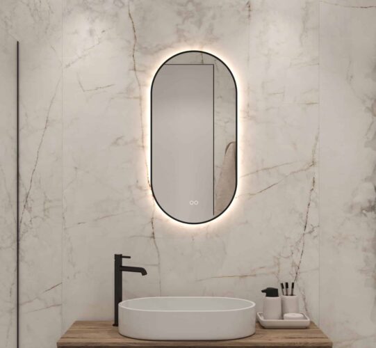 cafe Rechtsaf technisch Ovale badkamerspiegel met LED verlichting, verwarming, touch sensor,  kleurenwissel en mat zwart frame 40x80 cm - Designspiegels