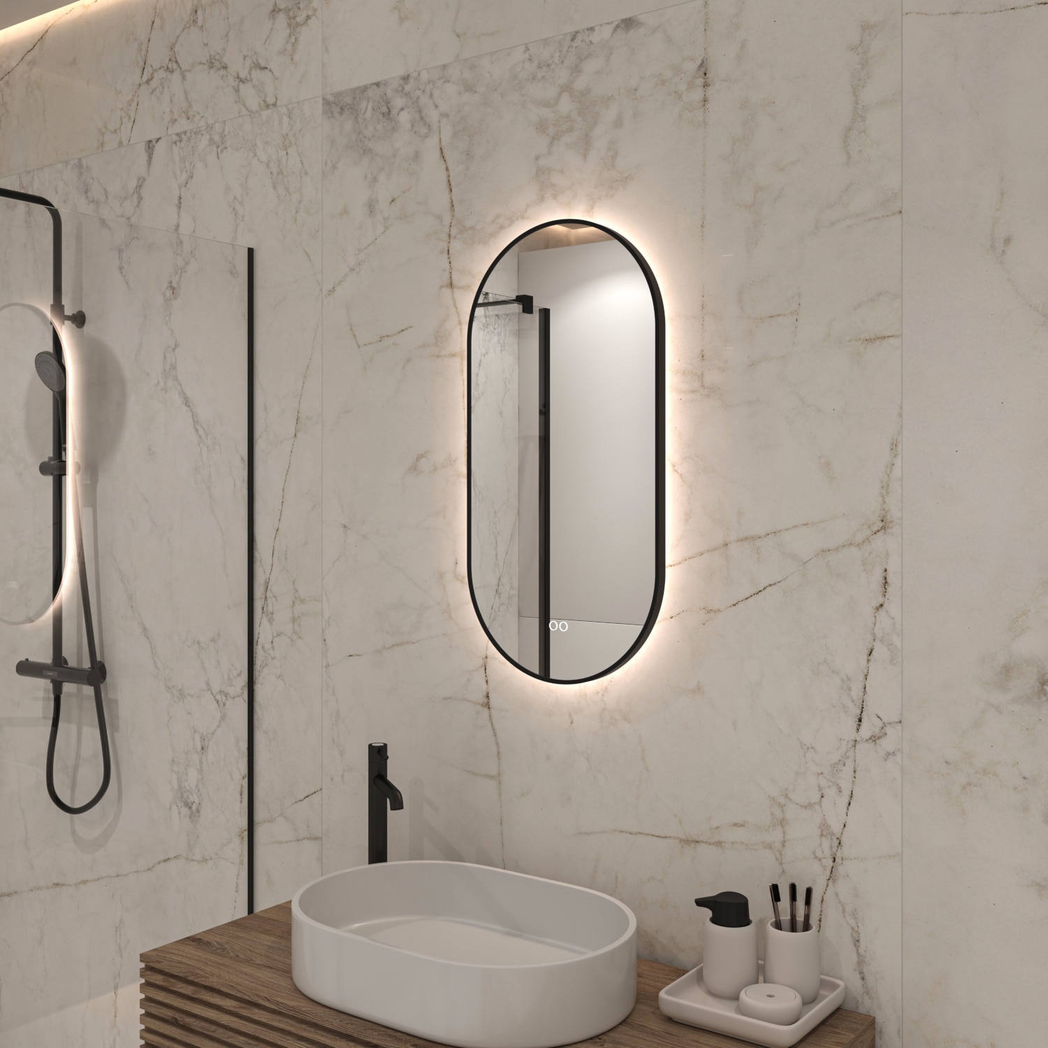 spoor site Scheiden Ovale badkamerspiegel met LED verlichting, verwarming, touch sensor,  kleurenwissel en mat zwart frame 40x80 cm - Designspiegels
