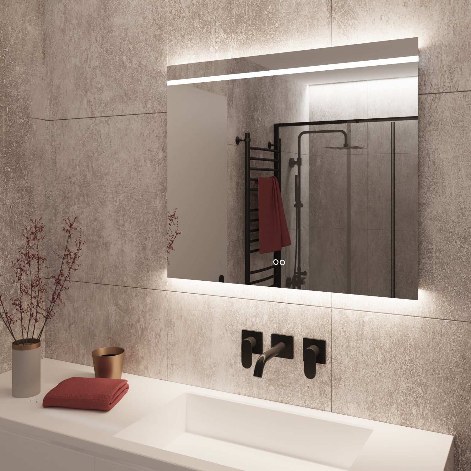 De geïntegreerde spiegelverwarming voorkomt dat er condens op de spiegel komt na bv het douchen