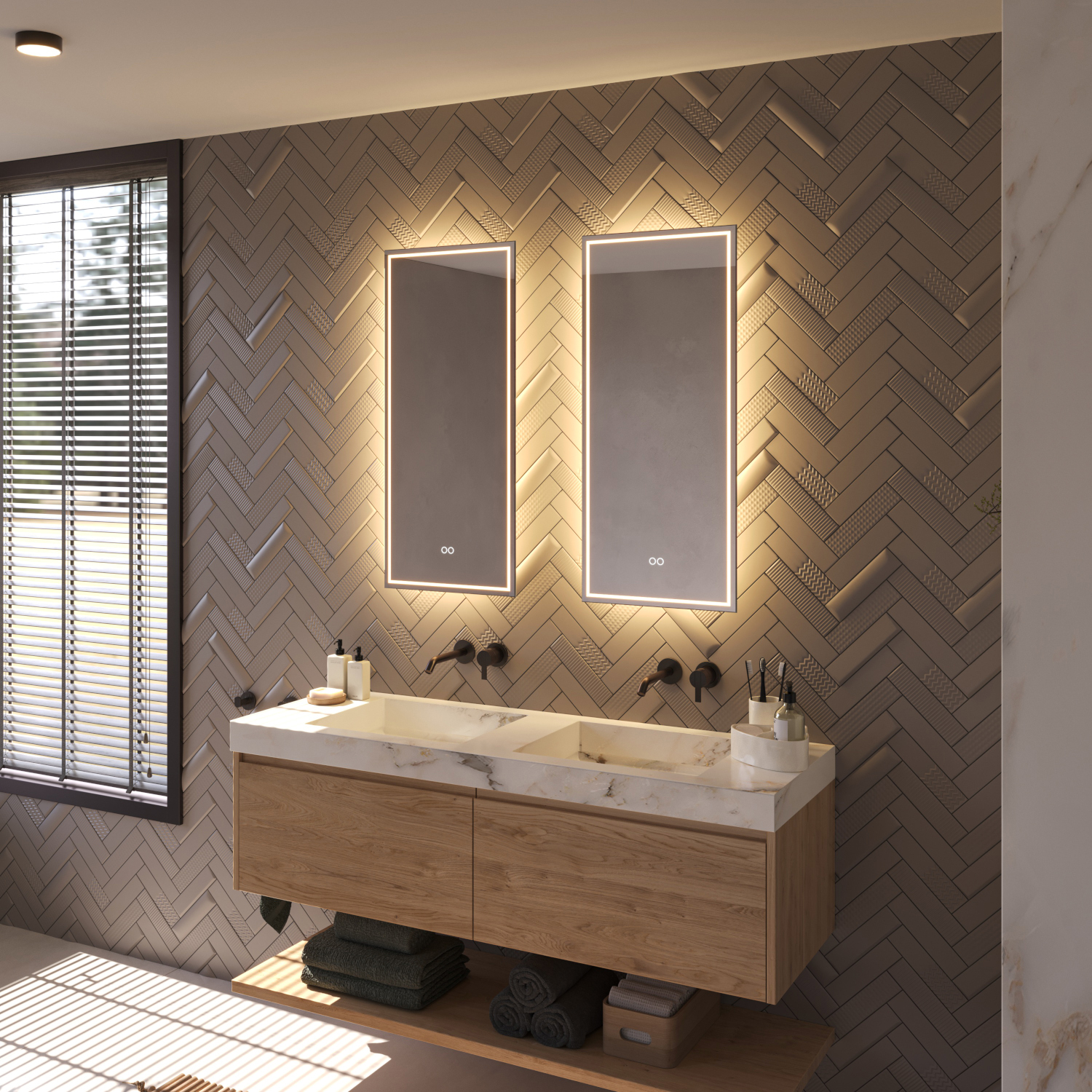 De indirecte verlichting schijnt sfeervol vanachter de spiegel over de wand. De directe verlichting zorgt voor praktisch licht in het gezicht