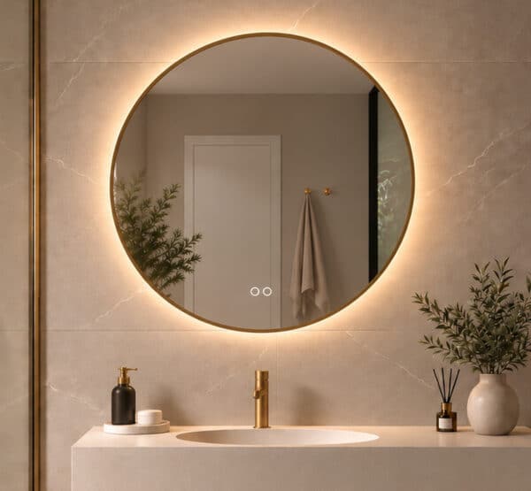 Stijlvolle badkamer spiegel met messing frame en geïntegreerde verlichting en spiegelverwarming