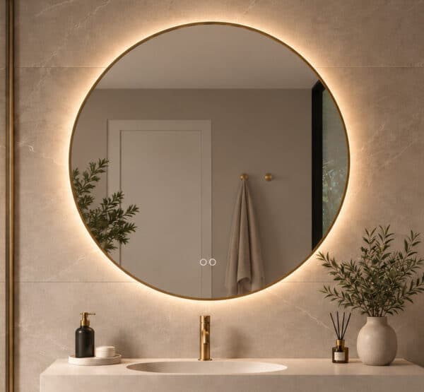Stijlvolle badkamer spiegel met messing frame en geïntegreerde verlichting en spiegelverwarming
