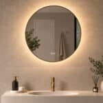 Deze fraaie ronde badkamer spiegel is voorzien van een mooi afgewerkt messing frame. Daarnaast is de spiegel voorzien van dimbare verlichting en spiegelverwarming