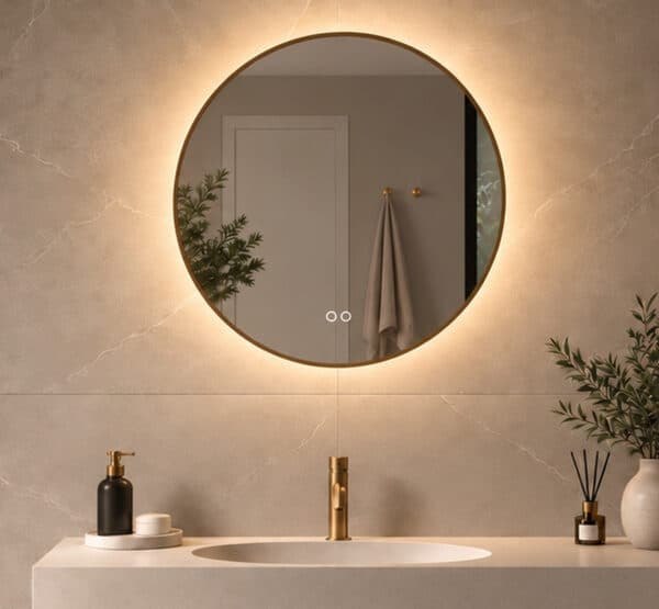 Deze fraaie ronde badkamer spiegel is voorzien van een mooi afgewerkt messing frame. Daarnaast is de spiegel voorzien van dimbare verlichting en spiegelverwarming