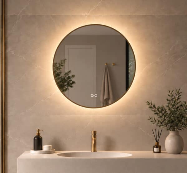 Stijlvolle badkamer spiegel met messing frame en geïntegreerde verlichting en spiegelverwarming